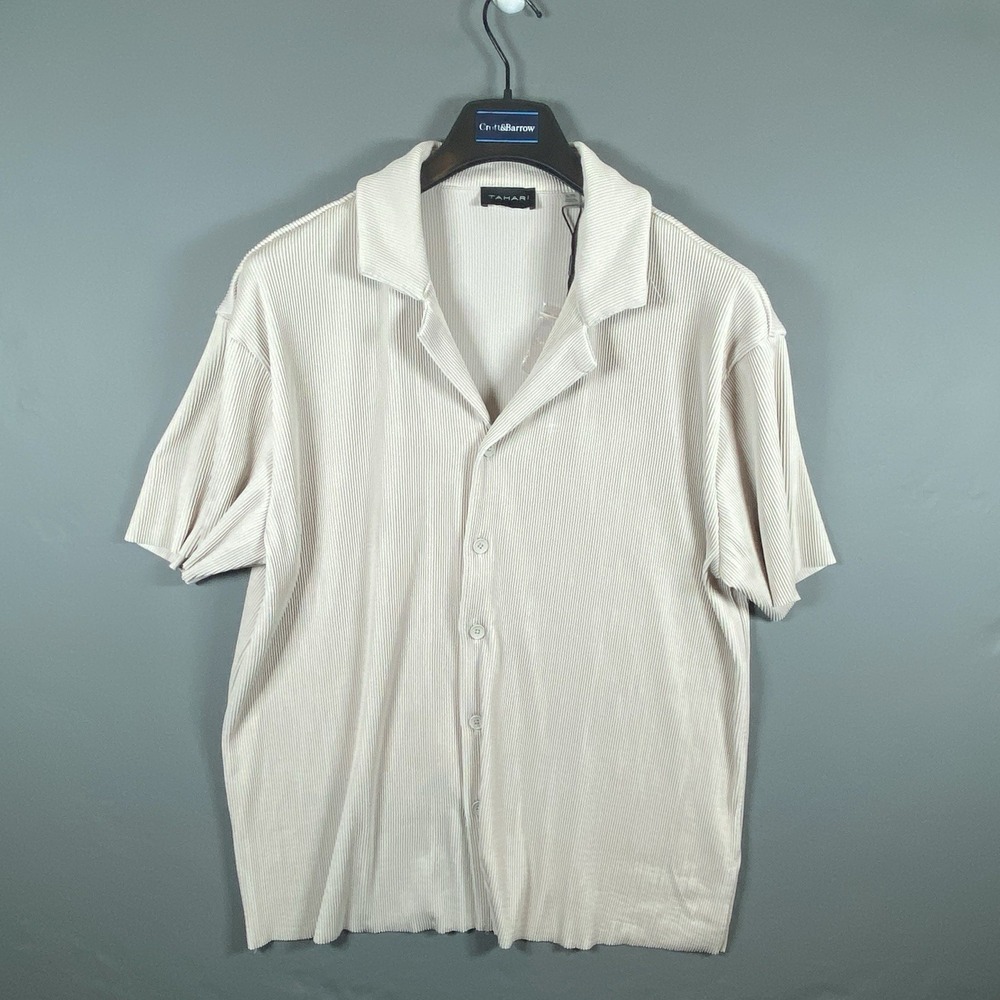 Tahari Men's XL Shirt Cream Off White Ribbed Pleated Short Sleeve Button Down